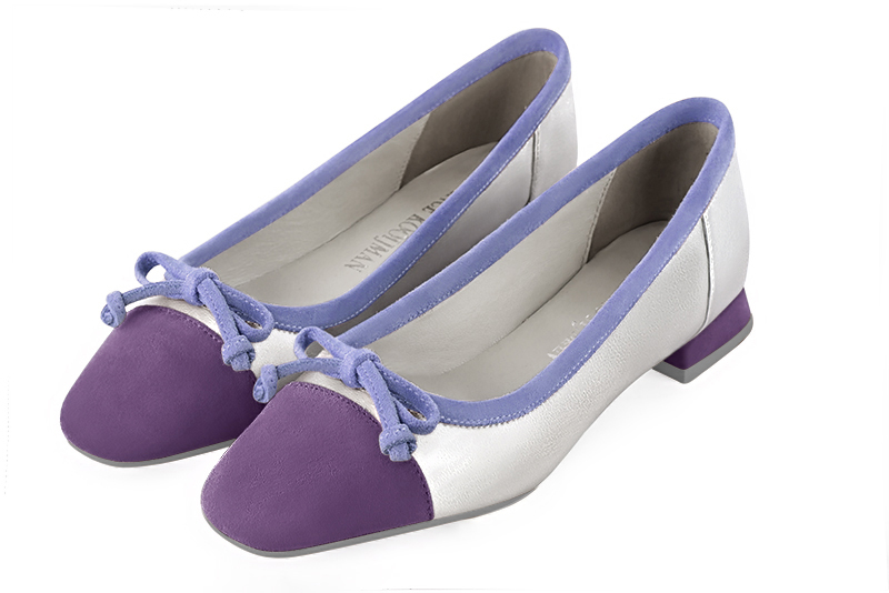 Amethyst purple and light silver women's ballet pumps, with low heels. Square toe. Flat flare heels. Front view - Florence KOOIJMAN